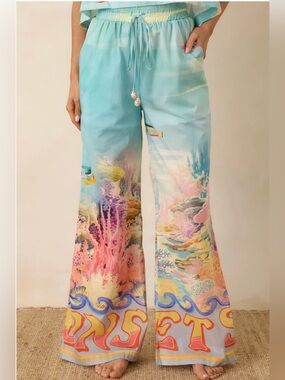 Paradisa Gulf Coast Blue Multi Cotton Reef Print Pants